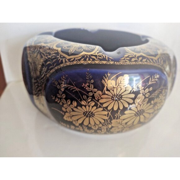 Large Vintage Andrea by Sadek Ceramic Gold & Blue Floral Ashtray 7" - Picture 16 of 16